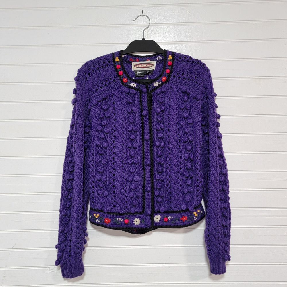 Obermeyer Wool Salzberg Cardigan Sweater Size Medium 3D‎ Knit Floral Embroidered